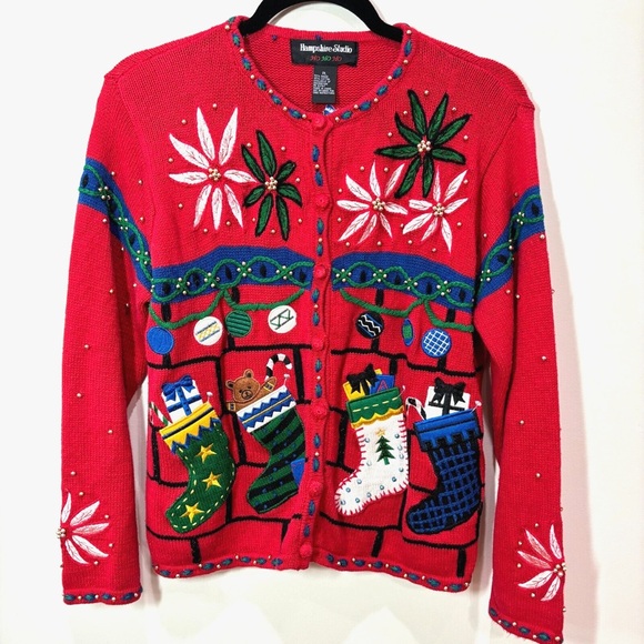 Hampshire Studio Vintage Red Embroidered Christmas Sweater Cardigan Size XL - Picture 1 of 6